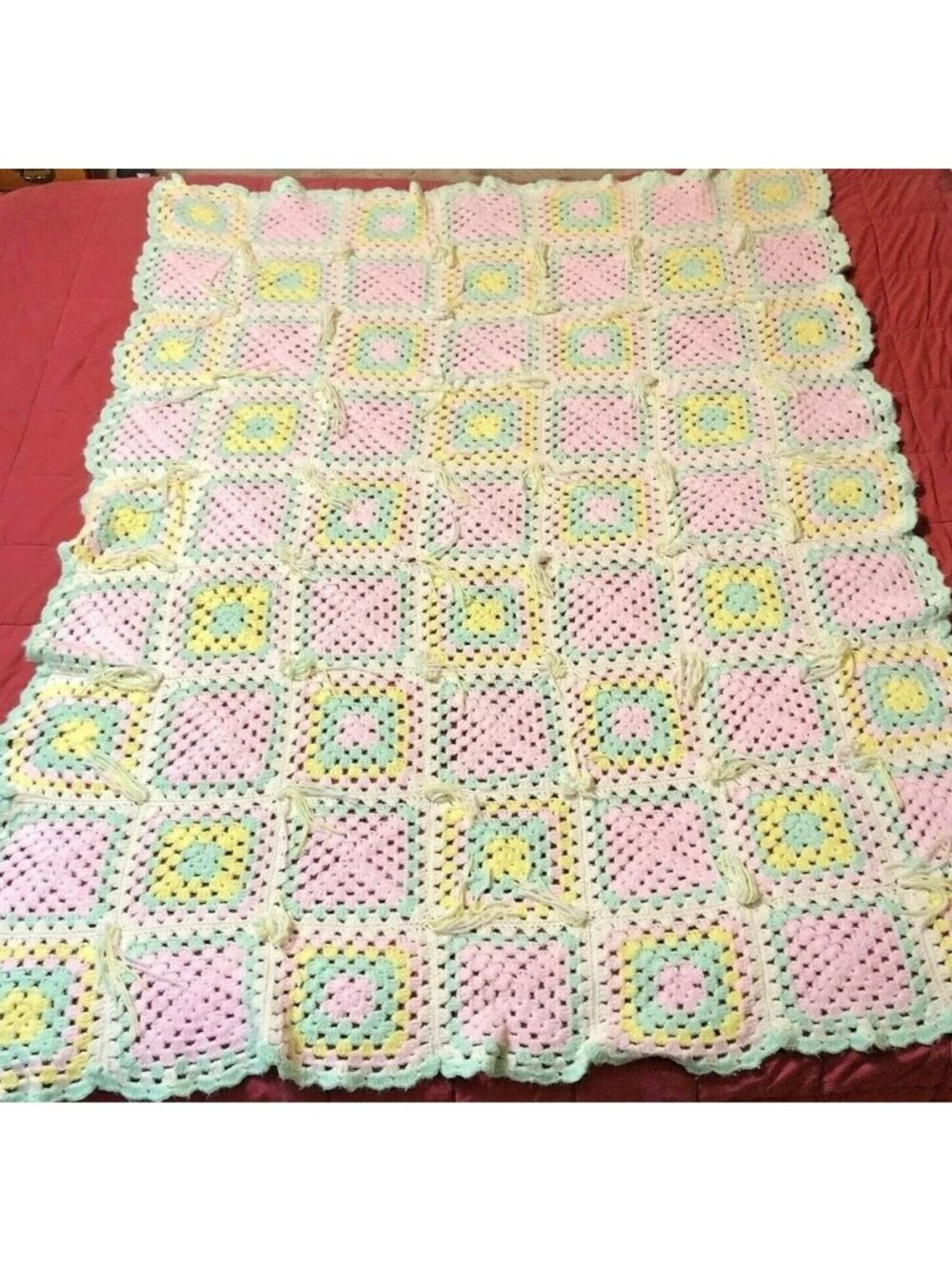 Vintage Handmade Knit Crochet Afghan Throw Blanket Granny Squares 70"x55"